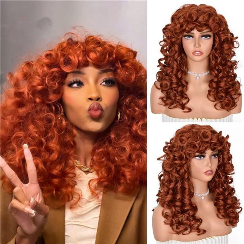 Copper Curly Wigs for Black Women Long Curly Afro Wig with Bangs for Women